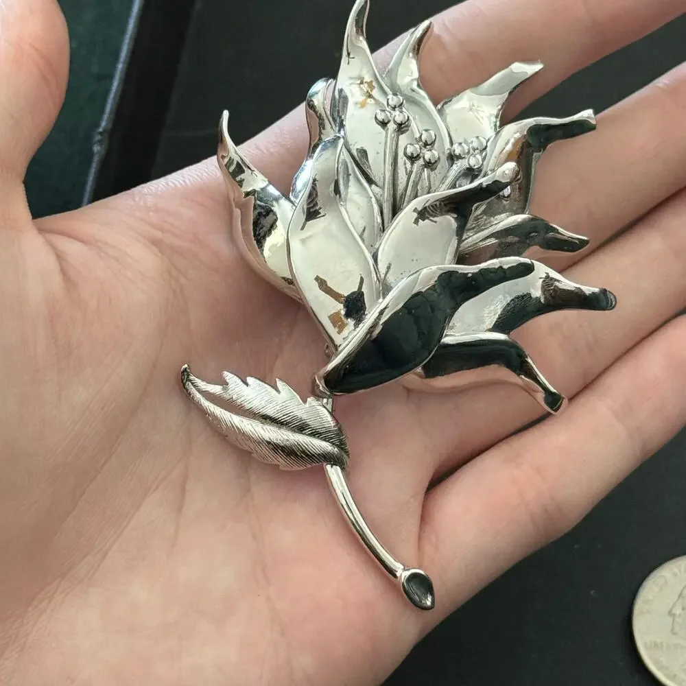 Vintage Roget Silver Tone Large Flower Statement Brooch Pin
